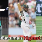 Collage of South African cricketer Temba Bavuma celebrating with his bat and helmet in different formats — ODI, Test, and T20 — wearing South Africa’s green and white cricket uniforms. Text at the bottom reads: ‘Temba Bavuma’s Highest Score?