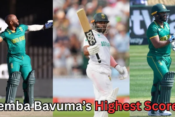 Collage of South African cricketer Temba Bavuma celebrating with his bat and helmet in different formats — ODI, Test, and T20 — wearing South Africa’s green and white cricket uniforms. Text at the bottom reads: ‘Temba Bavuma’s Highest Score?