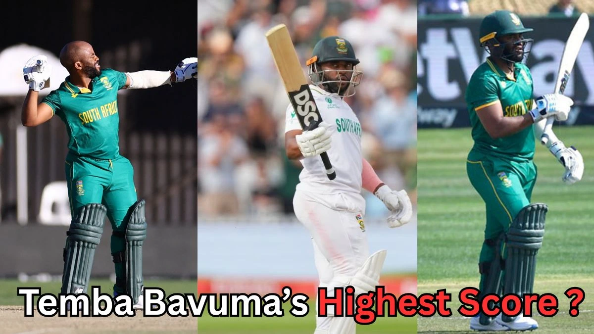 Collage of South African cricketer Temba Bavuma celebrating with his bat and helmet in different formats — ODI, Test, and T20 — wearing South Africa’s green and white cricket uniforms. Text at the bottom reads: ‘Temba Bavuma’s Highest Score?
