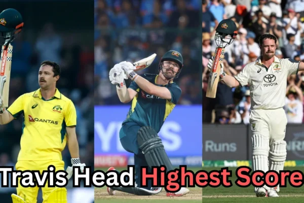 Collage showing Australian cricketer Travis Head celebrating centuries in different formats — wearing yellow ODI kit, dark T20 kit, and white Test uniform — with the caption 'Travis Head Highest Score?' written at the bottom.