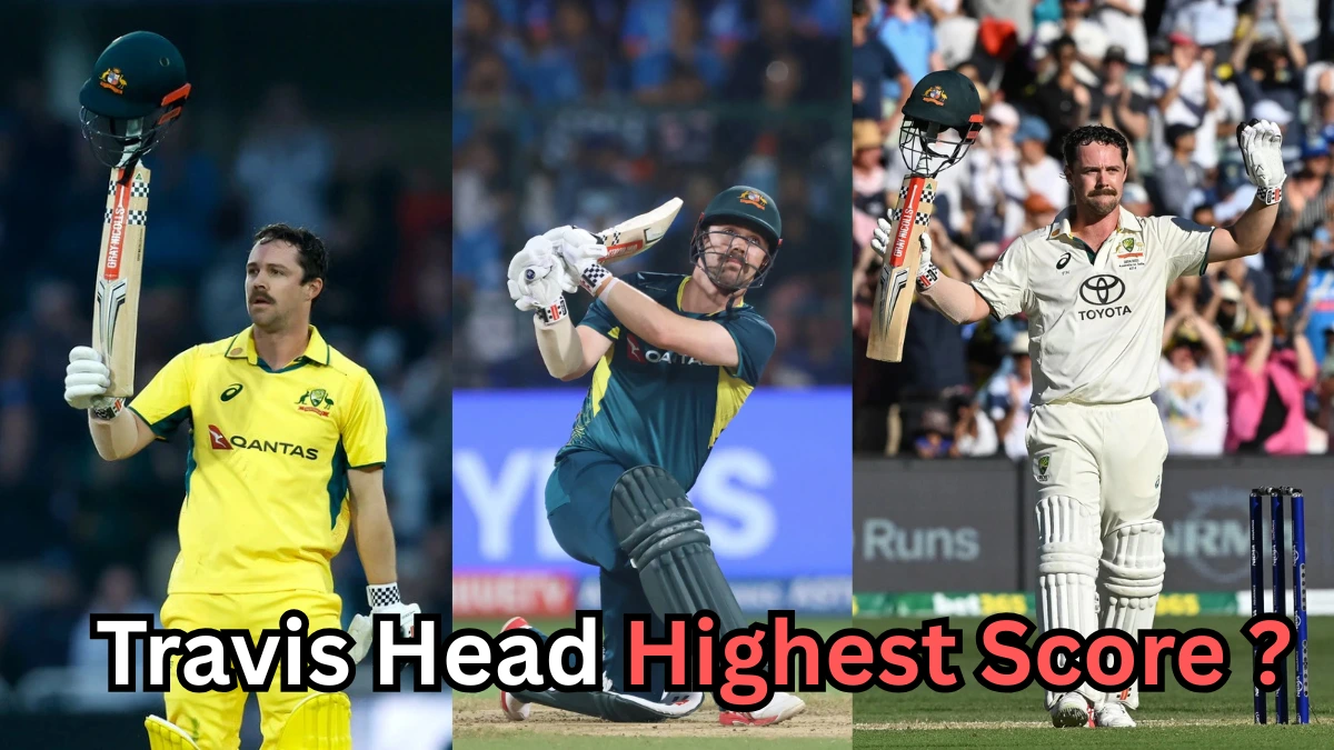 Collage showing Australian cricketer Travis Head celebrating centuries in different formats — wearing yellow ODI kit, dark T20 kit, and white Test uniform — with the caption 'Travis Head Highest Score?' written at the bottom.