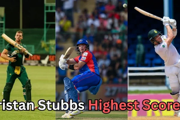 Collage of South African cricketer Tristan Stubbs playing in different formats — wearing South Africa’s limited-overs kit on the left, Delhi Capitals IPL jersey in the center, and South Africa’s Test whites on the right — with the caption at the bottom reading 'Tristan Stubbs Highest Score?