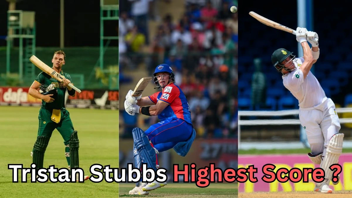 Collage of South African cricketer Tristan Stubbs playing in different formats — wearing South Africa’s limited-overs kit on the left, Delhi Capitals IPL jersey in the center, and South Africa’s Test whites on the right — with the caption at the bottom reading 'Tristan Stubbs Highest Score?