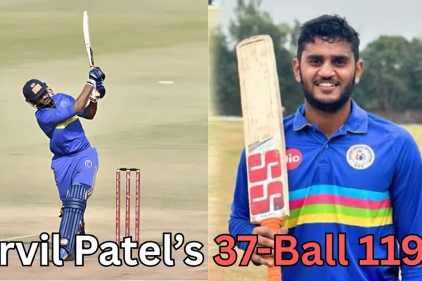 A split image showing two cricket scenes. On the left, a male cricketer in a blue and yellow uniform is mid-shot, swinging his bat on a cricket field with stumps behind him. On the right, another cricketer in a similar blue jersey with colorful stripes stands outdoors holding a cricket bat and smiling at the camera. Text over the image reads: “Urvil Patel’s 37-Ball 119 ?