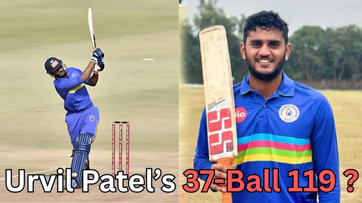 A split image showing two cricket scenes. On the left, a male cricketer in a blue and yellow uniform is mid-shot, swinging his bat on a cricket field with stumps behind him. On the right, another cricketer in a similar blue jersey with colorful stripes stands outdoors holding a cricket bat and smiling at the camera. Text over the image reads: “Urvil Patel’s 37-Ball 119 ?