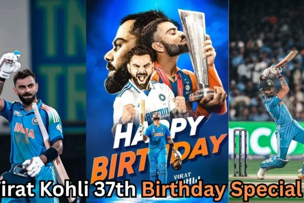 The image you've uploaded seems to be a birthday special collage for Indian cricketer Virat Kohli, celebrating his 37th birthday. It includes various action shots of him playing cricket, with one of him holding a trophy, and a celebratory birthday message. The collage likely highlights Kohli’s achievements, such as his cricketing milestones and success, possibly including references to some iconic moments in his career. Would you like to know more details or explore something specific about the image or Virat Kohli’s career