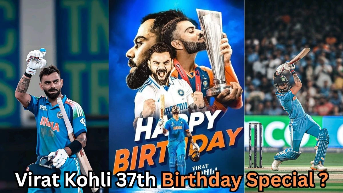 The image you've uploaded seems to be a birthday special collage for Indian cricketer Virat Kohli, celebrating his 37th birthday. It includes various action shots of him playing cricket, with one of him holding a trophy, and a celebratory birthday message. The collage likely highlights Kohli’s achievements, such as his cricketing milestones and success, possibly including references to some iconic moments in his career. Would you like to know more details or explore something specific about the image or Virat Kohli’s career