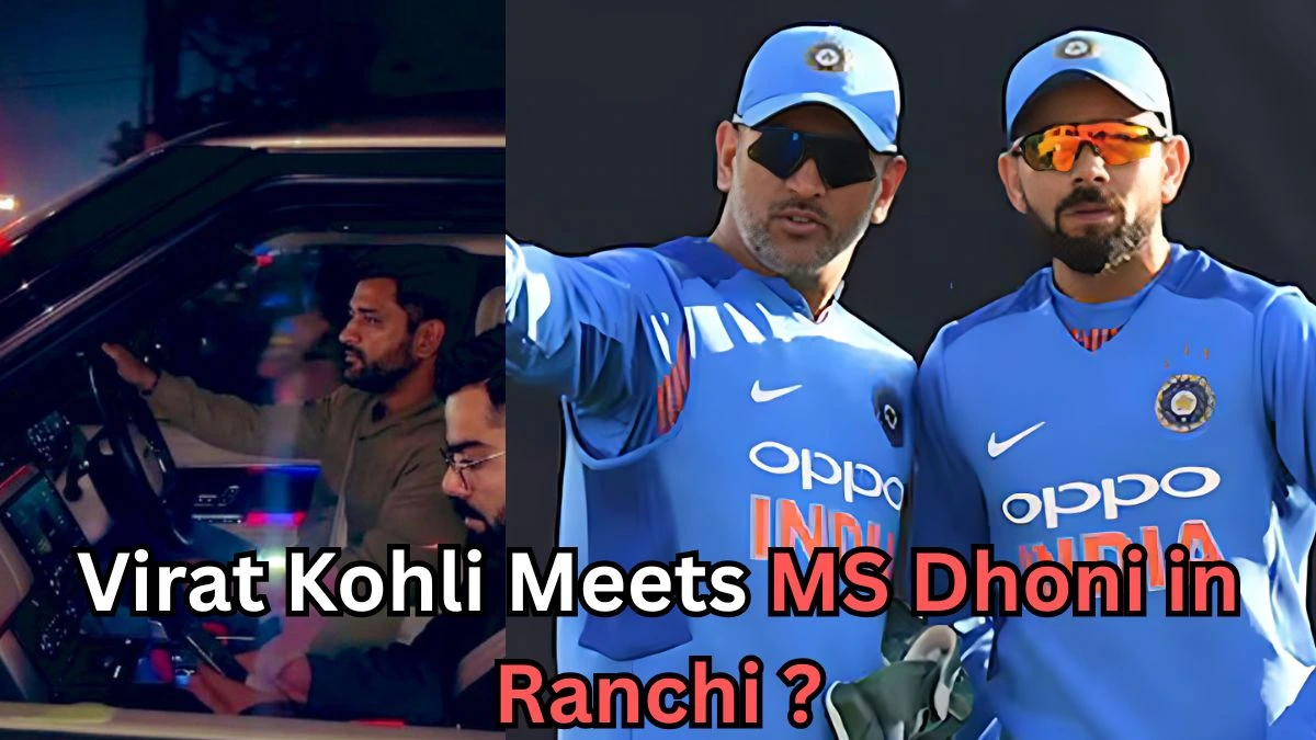 A split image. On the left, a man with a beard is driving a car at night while another man sits beside him using a phone. On the right, two men in blue cricket uniforms and caps stand together, one pointing ahead while both wear sunglasses. Text over the image reads: “Virat Kohli Meets MS Dhoni in Ranchi?”.