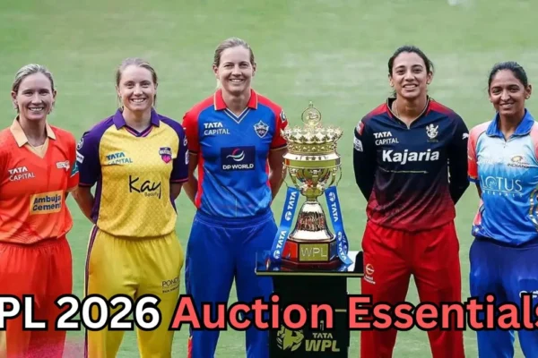 Six women cricketers from different WPL teams stand side by side on a cricket field, smiling and posing behind the Women’s Premier League trophy placed on a podium. They are wearing their respective team jerseys in colors like orange, yellow, blue, red, and light blue. Text at the bottom of the image reads: “WPL 2026 Auction Essentials?