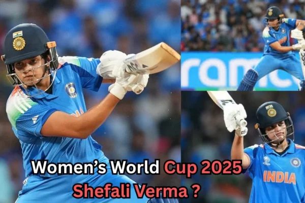Collage of an Indian women’s cricket player in blue jersey playing various batting shots. The text on the image reads “Women’s World Cup 2025 Shefali Verma?