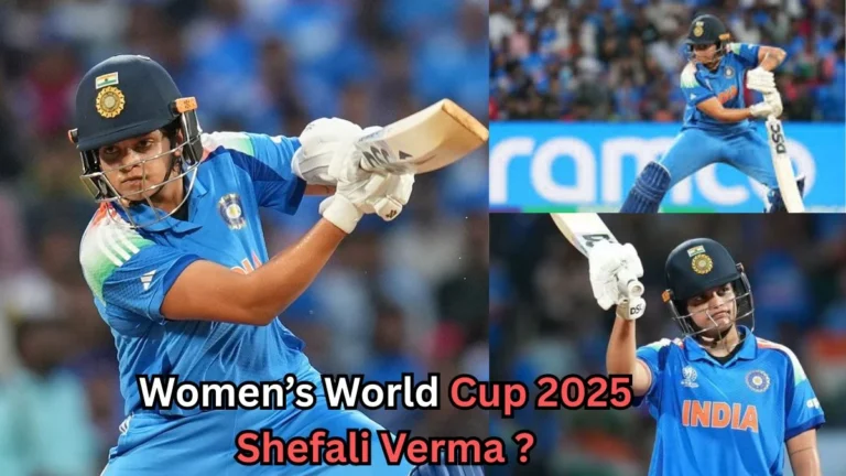 Collage of an Indian women’s cricket player in blue jersey playing various batting shots. The text on the image reads “Women’s World Cup 2025 Shefali Verma?