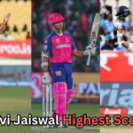 Collage of Indian cricketer Yashasvi Jaiswal celebrating after scoring centuries — shown batting for India and Rajasthan Royals in different uniforms, with text asking ‘Yashasvi Jaiswal Highest Score?’ displayed across the image.