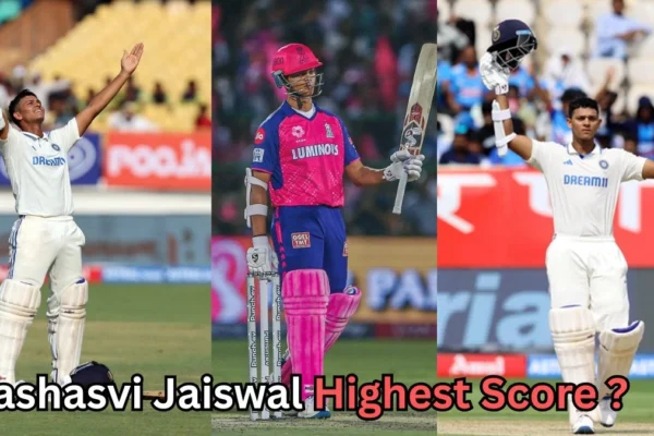 Collage of Indian cricketer Yashasvi Jaiswal celebrating after scoring centuries — shown batting for India and Rajasthan Royals in different uniforms, with text asking ‘Yashasvi Jaiswal Highest Score?’ displayed across the image.