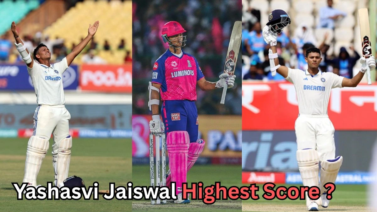 Collage of Indian cricketer Yashasvi Jaiswal celebrating after scoring centuries — shown batting for India and Rajasthan Royals in different uniforms, with text asking ‘Yashasvi Jaiswal Highest Score?’ displayed across the image.