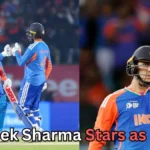Two Indian men’s cricket players in blue and orange India jerseys celebrate on the field. On the left, two batters wearing helmets and gloves bump fists while holding their bats, with a crowd blurred in the background. On the right, a close-up shows an Indian batter in a helmet raising his gloved hand in acknowledgment, with “INDIA” visible on the jersey and stadium lights behind him. A headline at the bottom reads, “Abhishek Sharma Stars as India?