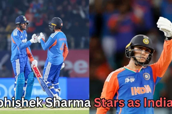 Two Indian men’s cricket players in blue and orange India jerseys celebrate on the field. On the left, two batters wearing helmets and gloves bump fists while holding their bats, with a crowd blurred in the background. On the right, a close-up shows an Indian batter in a helmet raising his gloved hand in acknowledgment, with “INDIA” visible on the jersey and stadium lights behind him. A headline at the bottom reads, “Abhishek Sharma Stars as India?