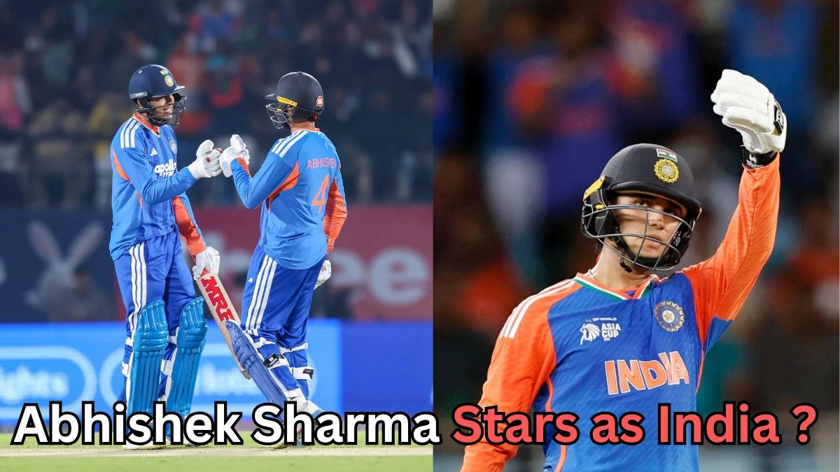 Two Indian men’s cricket players in blue and orange India jerseys celebrate on the field. On the left, two batters wearing helmets and gloves bump fists while holding their bats, with a crowd blurred in the background. On the right, a close-up shows an Indian batter in a helmet raising his gloved hand in acknowledgment, with “INDIA” visible on the jersey and stadium lights behind him. A headline at the bottom reads, “Abhishek Sharma Stars as India?