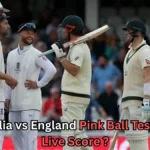 England fielders and two Australian batters stand together on the cricket field during the Ashes pink-ball Test, appearing to share a light moment, with text overlaid asking for the Australia vs England Pink Ball Test Day 2 live score.