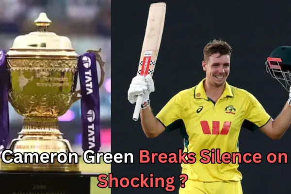 On the left, the coveted IPL trophy is displayed with purple ribbons tied around it. On the right, Australian cricketer Cameron Green in a yellow and green jersey holds a bat and helmet, smiling confidently. The text at the bottom reads, “Cameron Green Breaks Silence on Shocking?” suggesting a major reveal or statement.