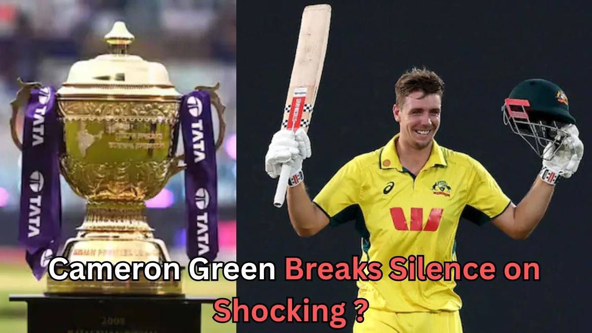 On the left, the coveted IPL trophy is displayed with purple ribbons tied around it. On the right, Australian cricketer Cameron Green in a yellow and green jersey holds a bat and helmet, smiling confidently. The text at the bottom reads, “Cameron Green Breaks Silence on Shocking?” suggesting a major reveal or statement.