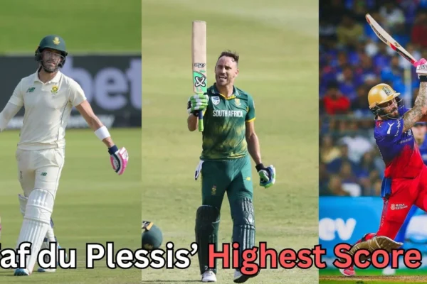 A three-panel collage showing South African cricketer Faf du Plessis in different formats of the game. The left panel shows him in Test whites holding his bat and helmet. The center panel shows him in a South Africa ODI uniform raising his bat after a milestone. The right panel shows him playing a shot in an RCB (Royal Challengers Bengaluru) jersey during a T20 match. Text at the bottom reads “Faf du Plessis’ Highest Score?