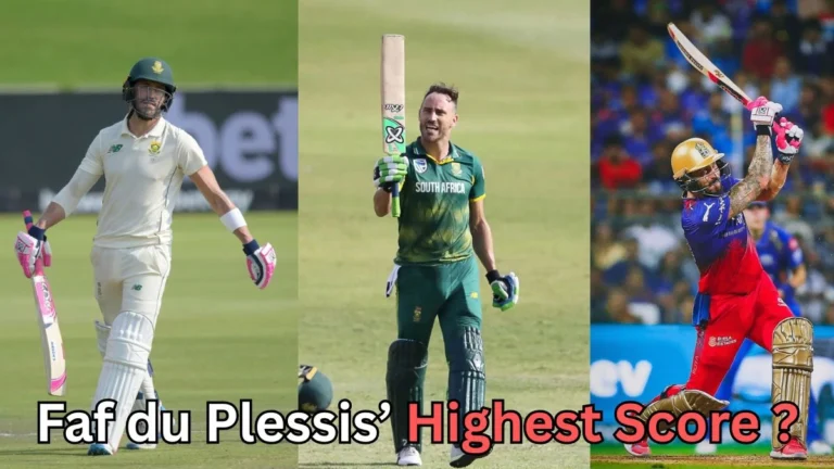 A three-panel collage showing South African cricketer Faf du Plessis in different formats of the game. The left panel shows him in Test whites holding his bat and helmet. The center panel shows him in a South Africa ODI uniform raising his bat after a milestone. The right panel shows him playing a shot in an RCB (Royal Challengers Bengaluru) jersey during a T20 match. Text at the bottom reads “Faf du Plessis’ Highest Score?