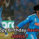 Two images show an Indian cricketer in a blue jersey celebrating on the field—one with his arm raised and the other with an energetic expression while running. Text at the bottom reads, “Happy Birthday Ravindra Jadeja?