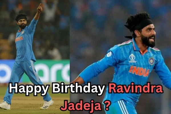 Two images show an Indian cricketer in a blue jersey celebrating on the field—one with his arm raised and the other with an energetic expression while running. Text at the bottom reads, “Happy Birthday Ravindra Jadeja?