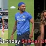 A three-panel collage showing a male cricketer in different settings: the first panel shows him in a blue national-team uniform holding a bat and helmet while waving on a cricket field; the second panel shows him in blue training gear smiling during practice; the third panel shows him seated at night beside a smiling woman. Text at the bottom reads: “Happy Birthday Shikhar Dhawan?”