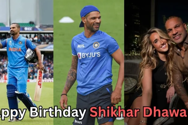 A three-panel collage showing a male cricketer in different settings: the first panel shows him in a blue national-team uniform holding a bat and helmet while waving on a cricket field; the second panel shows him in blue training gear smiling during practice; the third panel shows him seated at night beside a smiling woman. Text at the bottom reads: “Happy Birthday Shikhar Dhawan?”