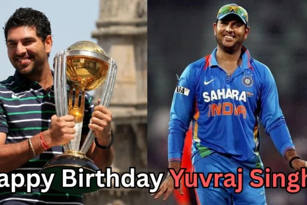 Split image showing a smiling cricketer. On the left, he is holding a large golden cricket world cup trophy while wearing a striped shirt outdoors. On the right, he is in a blue cricket uniform on the field, also smiling. Text at the bottom reads “Happy Birthday Yuvraj Singh?