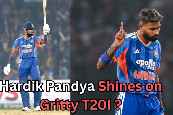 The image you've uploaded appears to feature Indian cricketer Hardik Pandya in action during a T20 International (T20I) match. It shows him both batting and celebrating while bowling, likely in a key performance for India. The text overlay reads "Hardik Pandya Shines on Gritty T20I," highlighting his standout performance in a challenging match.