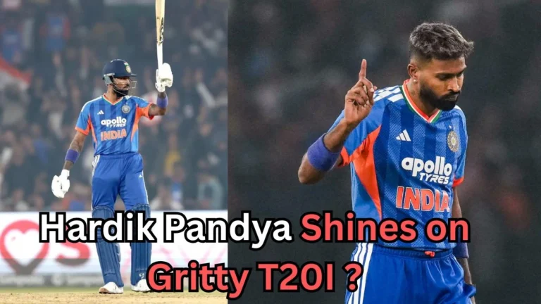 The image you've uploaded appears to feature Indian cricketer Hardik Pandya in action during a T20 International (T20I) match. It shows him both batting and celebrating while bowling, likely in a key performance for India. The text overlay reads "Hardik Pandya Shines on Gritty T20I," highlighting his standout performance in a challenging match.