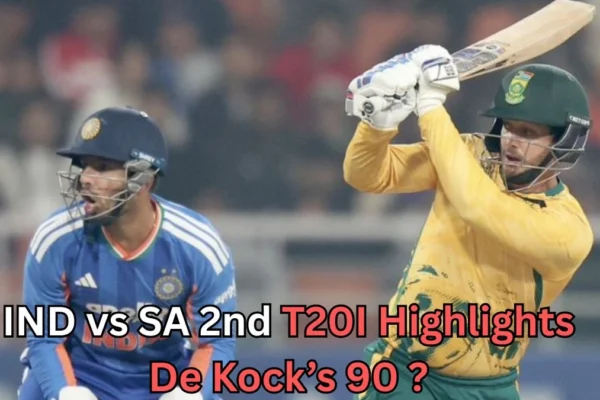 A South African batter plays an aggressive shot during a T20 cricket match, while an Indian wicketkeeper watches closely behind the stumps. The text on the image mentions ‘IND vs SA 2nd T20I Highlights’ and ‘90?’.