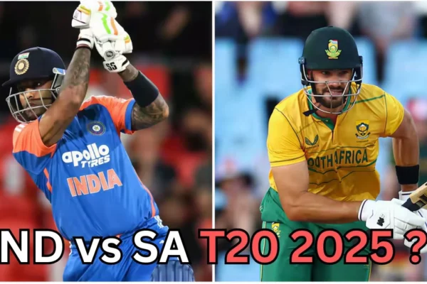 Split-image showing two cricket players in action. On the left, an Indian cricketer in a blue and orange jersey is swinging his bat. On the right, a South African cricketer in a yellow and green jersey is preparing to play a shot. Text at the bottom reads: ‘IND vs SA T20 2025?