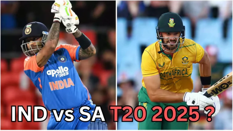 Split-image showing two cricket players in action. On the left, an Indian cricketer in a blue and orange jersey is swinging his bat. On the right, a South African cricketer in a yellow and green jersey is preparing to play a shot. Text at the bottom reads: ‘IND vs SA T20 2025?