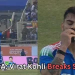 A split image shows an Indian cricketer in blue celebrating on the field. On the left, he raises his bat while walking toward the crowd in a stadium. On the right, he is seen kissing a necklace pendant with his eyes closed, appearing emotional. Text at the bottom reads: “IND vs SA: Virat Kohli Breaks Silence?