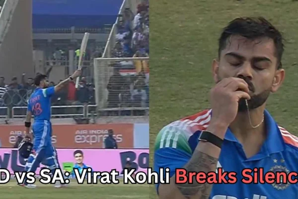 A split image shows an Indian cricketer in blue celebrating on the field. On the left, he raises his bat while walking toward the crowd in a stadium. On the right, he is seen kissing a necklace pendant with his eyes closed, appearing emotional. Text at the bottom reads: “IND vs SA: Virat Kohli Breaks Silence?