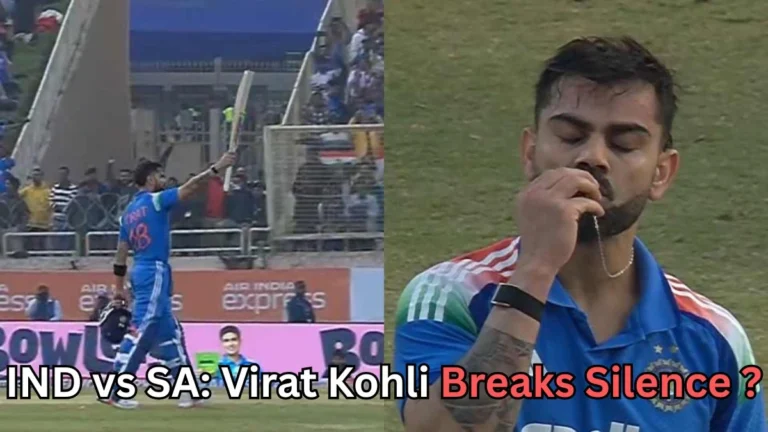 A split image shows an Indian cricketer in blue celebrating on the field. On the left, he raises his bat while walking toward the crowd in a stadium. On the right, he is seen kissing a necklace pendant with his eyes closed, appearing emotional. Text at the bottom reads: “IND vs SA: Virat Kohli Breaks Silence?