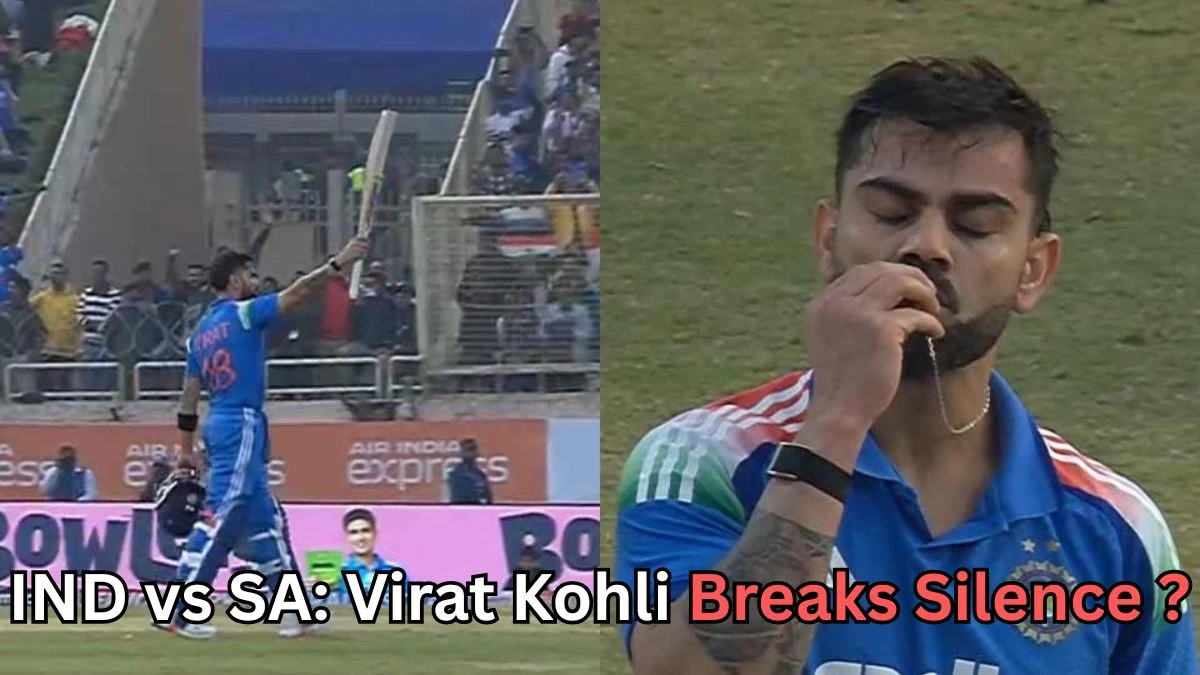 A split image shows an Indian cricketer in blue celebrating on the field. On the left, he raises his bat while walking toward the crowd in a stadium. On the right, he is seen kissing a necklace pendant with his eyes closed, appearing emotional. Text at the bottom reads: “IND vs SA: Virat Kohli Breaks Silence?