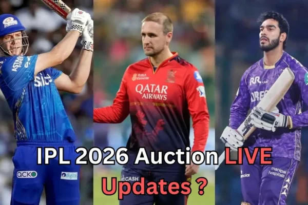 Promotional graphic for IPL 2026 Auction Live Updates showing three professional male cricketers in team jerseys. On the left, a batter in a blue kit plays an aggressive shot with the bat raised. In the center, a player in a red-and-black jersey stands facing forward. On the right, a batter in a purple kit holds a bat while looking ahead. Text at the bottom reads “IPL 2026 Auction LIVE Updates?
