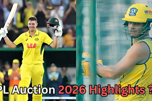 Split image of two professional cricket players in yellow kits. On the left, a batter celebrates on the field, smiling and raising a bat in one hand and a helmet in the other, with a cheering crowd blurred behind. On the right, another batter practices in the nets wearing a yellow helmet and sleeveless training top. Bold text at the bottom reads “IPL Auction 2026 Highlights?