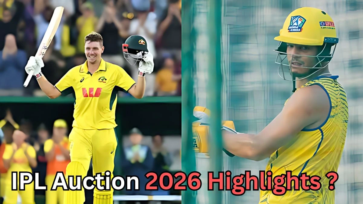 Split image of two professional cricket players in yellow kits. On the left, a batter celebrates on the field, smiling and raising a bat in one hand and a helmet in the other, with a cheering crowd blurred behind. On the right, another batter practices in the nets wearing a yellow helmet and sleeveless training top. Bold text at the bottom reads “IPL Auction 2026 Highlights?