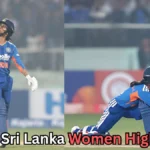 Side-by-side image from a women’s cricket match showing Indian players in blue uniforms: on the left, a batter raises her bat in celebration; on the right, a batter plays a low sweep shot, with a blurred stadium crowd in the background and text reading “India vs Sri Lanka Women Highlights?