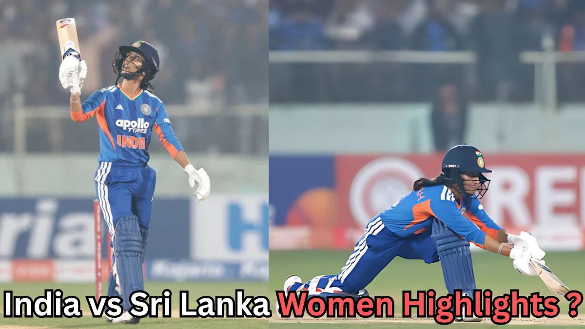 Side-by-side image from a women’s cricket match showing Indian players in blue uniforms: on the left, a batter raises her bat in celebration; on the right, a batter plays a low sweep shot, with a blurred stadium crowd in the background and text reading “India vs Sri Lanka Women Highlights?