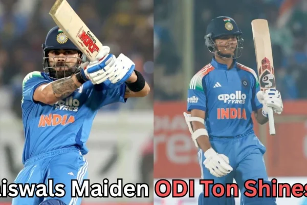 "Virat Kohli and Yashasvi Jaiswal celebrating in an ODI match for India, with a focus on Jaiswal's maiden ODI century achievement.