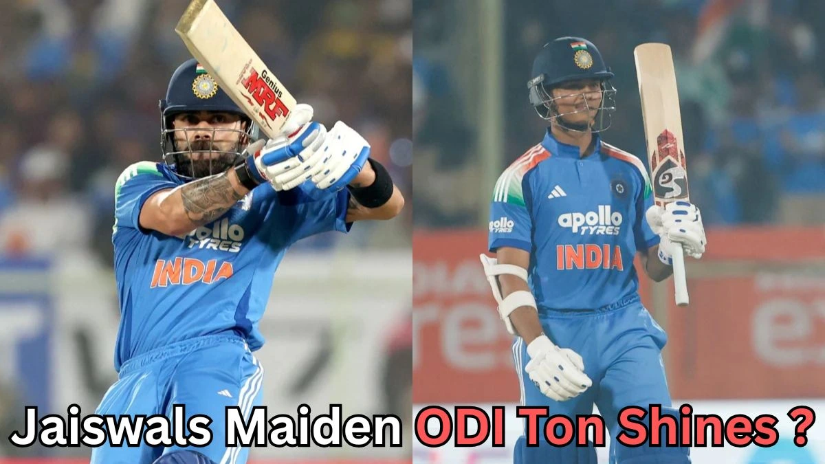 "Virat Kohli and Yashasvi Jaiswal celebrating in an ODI match for India, with a focus on Jaiswal's maiden ODI century achievement.