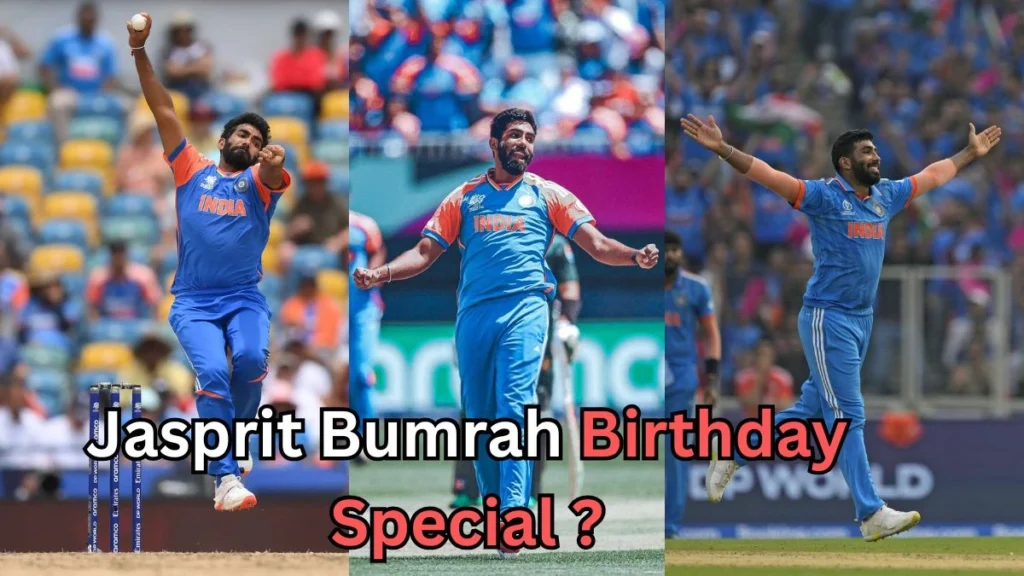 The image you've uploaded appears to be a birthday tribute to Jasprit Bumrah, an Indian cricketer, featuring several action shots of him bowling in various matches. It seems to highlight his career and achievements, especially on his birthday. The text "Jasprit Bumrah Birthday Special" is displayed prominently, indicating the celebratory nature of the image.