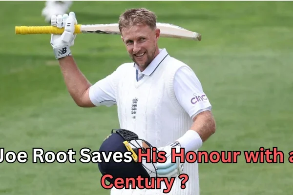 A male cricketer in an England Test uniform smiles while holding a cricket bat over his shoulder and a helmet in his other hand, standing on a grassy field. Text on the image reads: “Joe Root Saves His Honour with a Century?