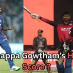 Split image of two cricket scenes. On the left, a male cricketer in a blue uniform celebrates a wicket with clenched fists on a stadium field. On the right, two male batters in red-and-black uniforms celebrate a big score, one raising his bat and arms while the other stands nearby. Overlaid text reads: “Krishnappa Gowtham’s Highest Score?
